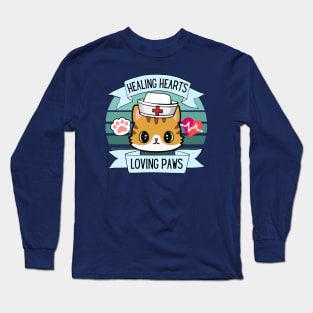 Healing Hearts, Loving Paws. Cat Nurse Merch Design. Long Sleeve T-Shirt